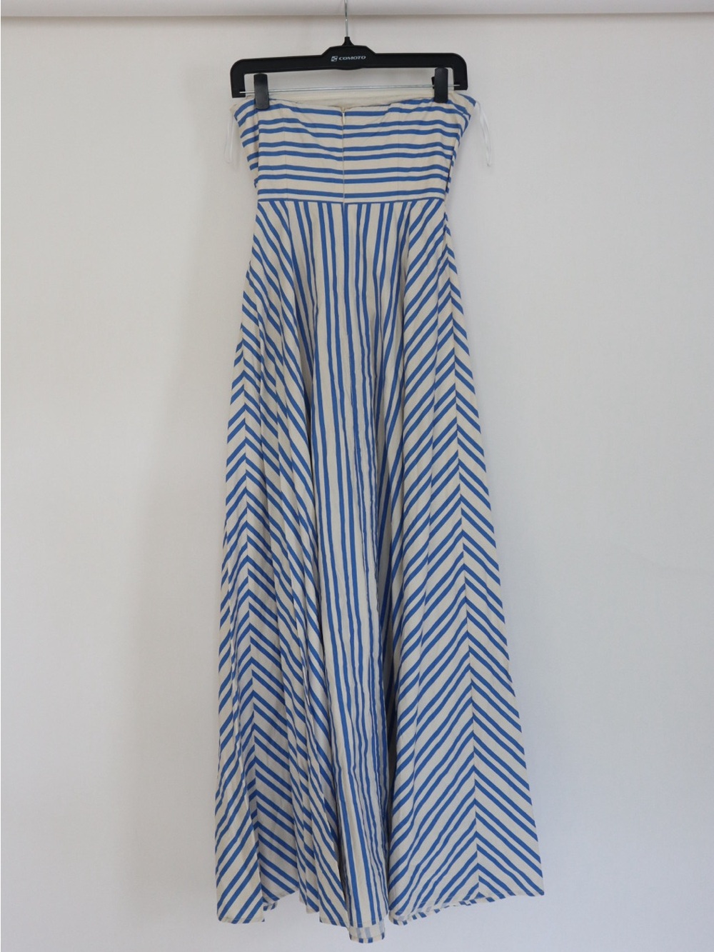 Aston Studio Strapless Blue and White Striped Maxi Dress